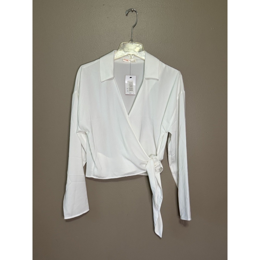 NWT Intempo White Long Sleeve Front Tie Blouse V-Neck Top Size Large